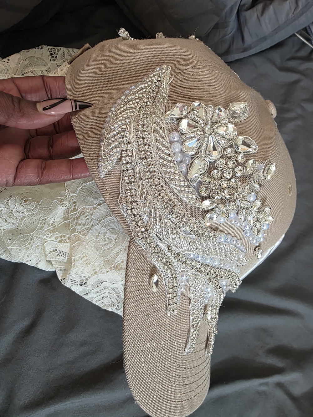 47 Brand Embellished NY Baseball Cap in Taupe with Crystal & Pearl Accents - Picture 3 of 5